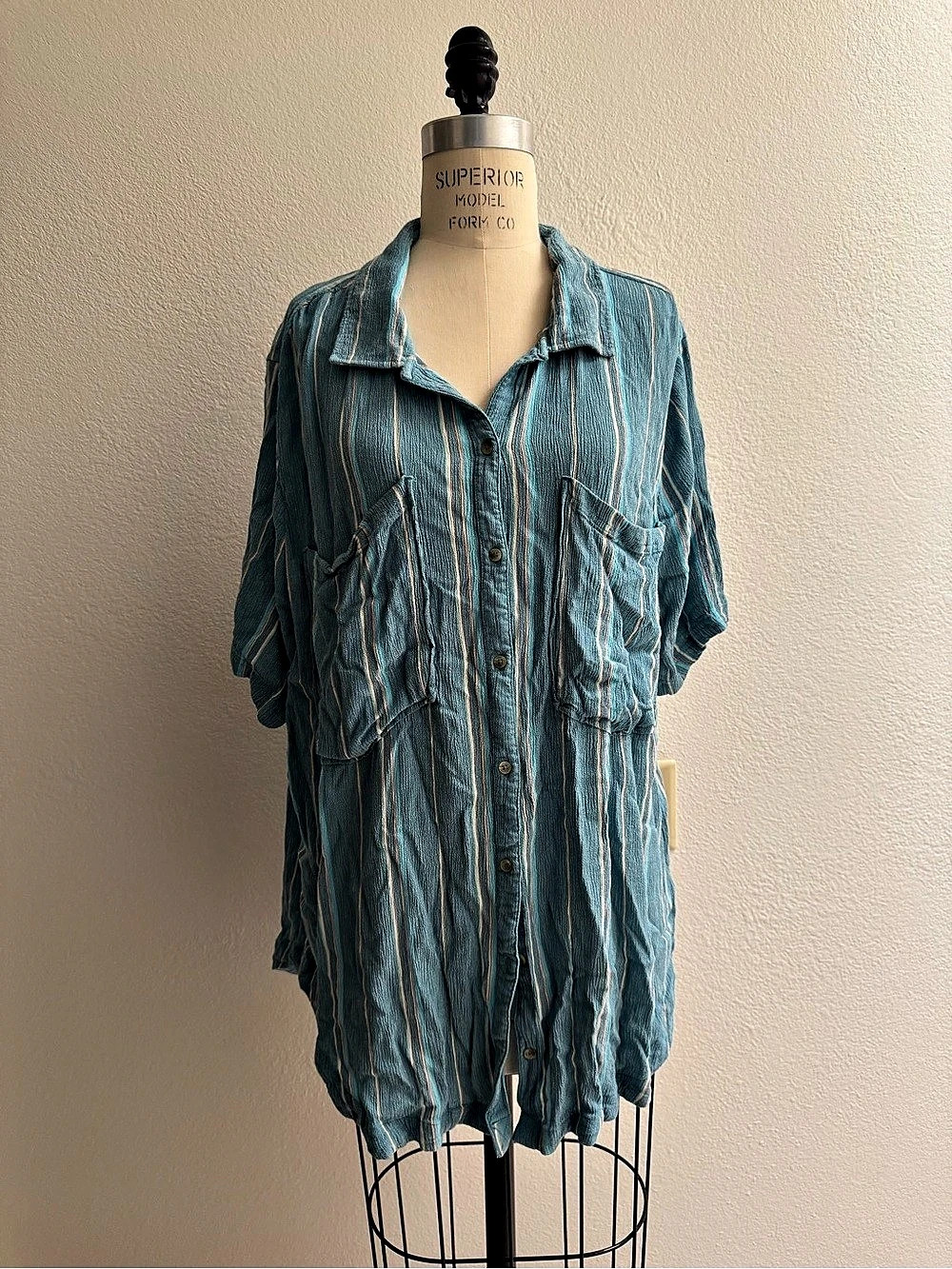 O'Neill Striped Button-Down Tunic in Blue & Orange Size XL